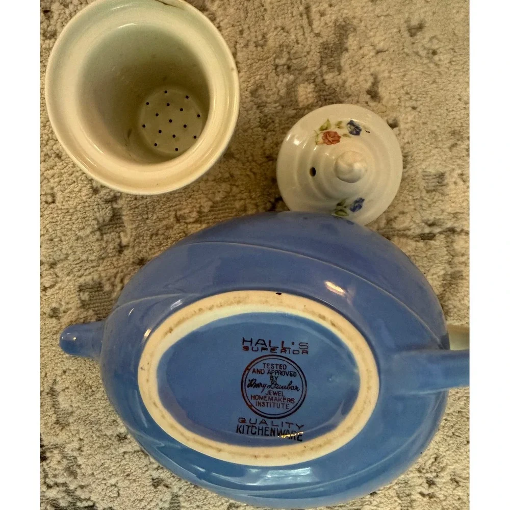 Vintage Hall Superior Blue Aladdin Teapot Mary Dunbar Jewel Floral Lid Infuser